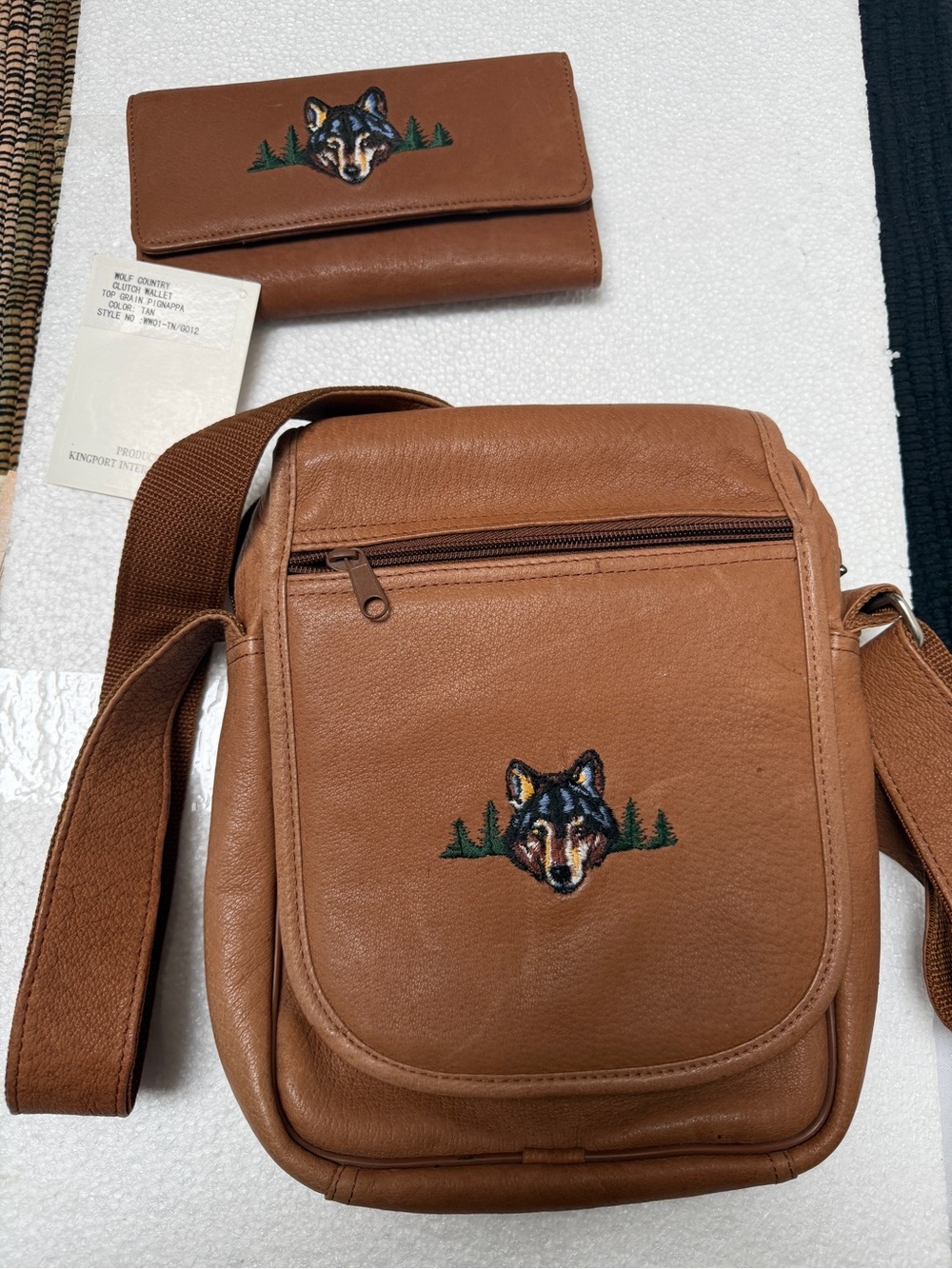 Tan Leather Crossbody Bag with Embroidered Wolf Detail plus Matching Wallet